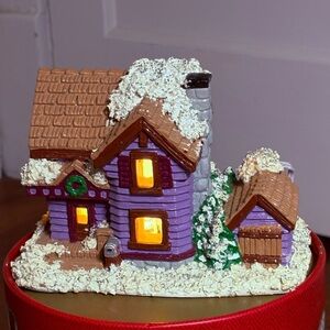Colorful Lighted Ceramic Snow Covered House. Christmas Village House